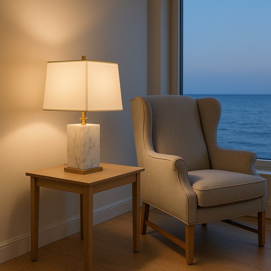 Bordlampe med marmorfod på et sidebord ved en klassisk lænestol i en villa ved Øresund fra Casa Padrino