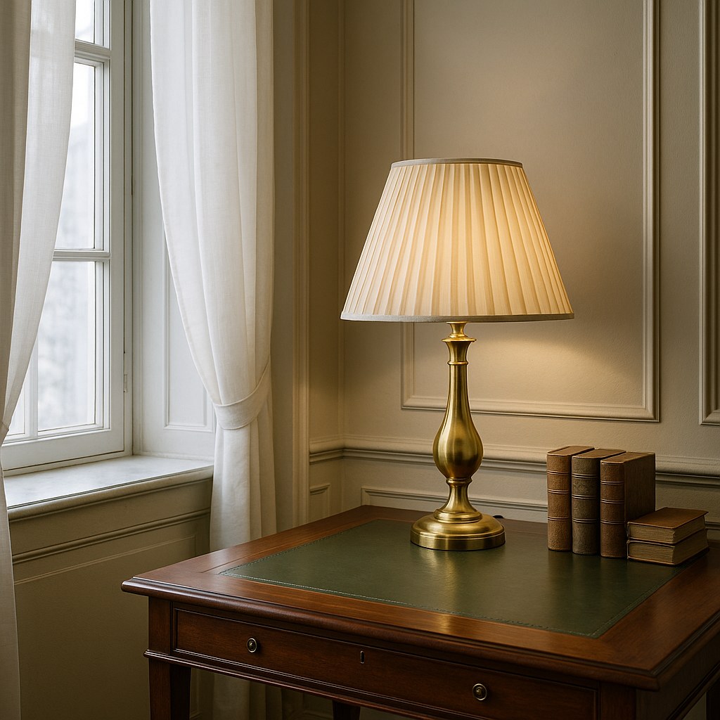 Bordlampe i messing med cremefarvet skærm på et klassisk skrivebord ved et højt vindue fra Casa Padrino