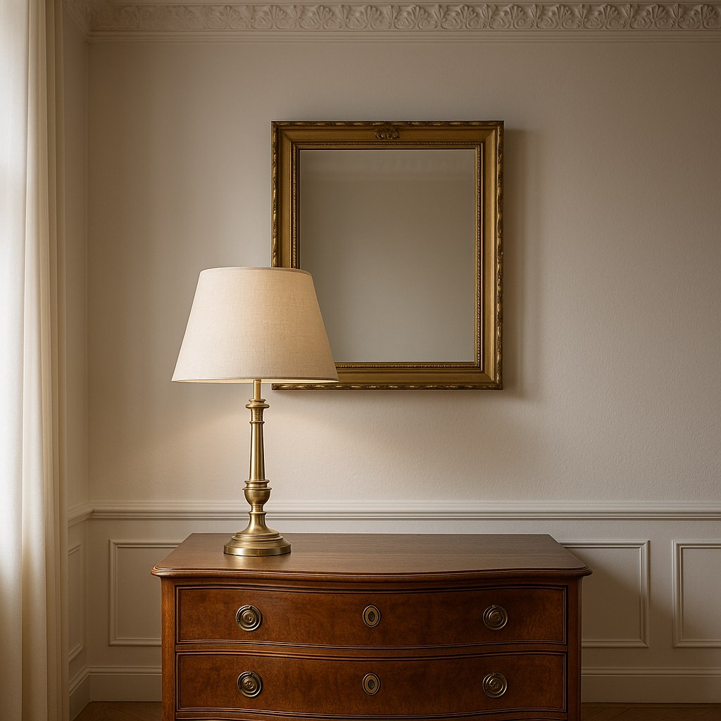 Bordlampe i messing med stofskærm på en klassisk kommode i en herskabslejlighed med stuk fra Casa Padrino