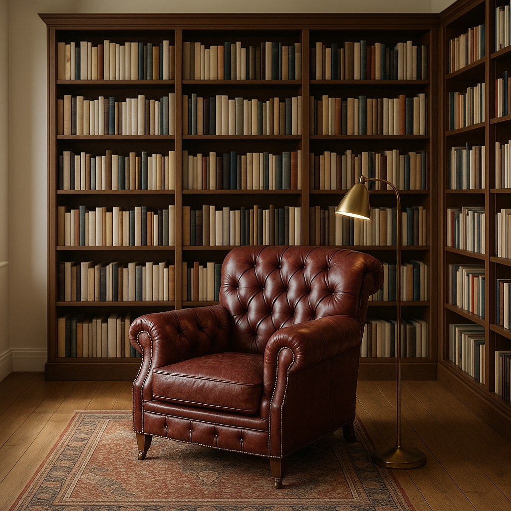 Chesterfield lænestol i oksblodsrødt læder foran reoler i et klassisk bibliotek fra Casa Padrino
