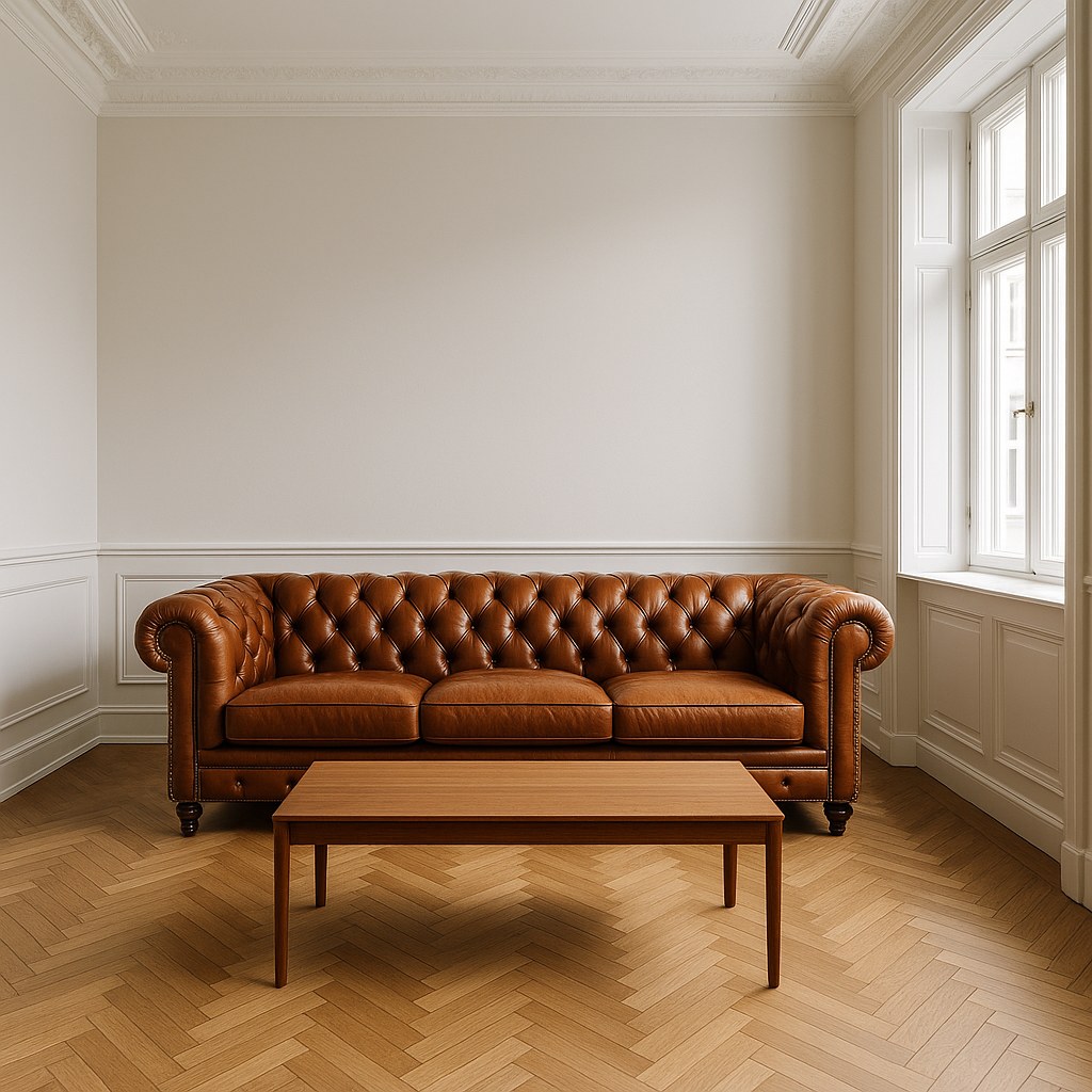 Chesterfield sofa i cognacbrunt læder i en herskabslejlighed med stuk og sildebensparket fra Casa Padrino