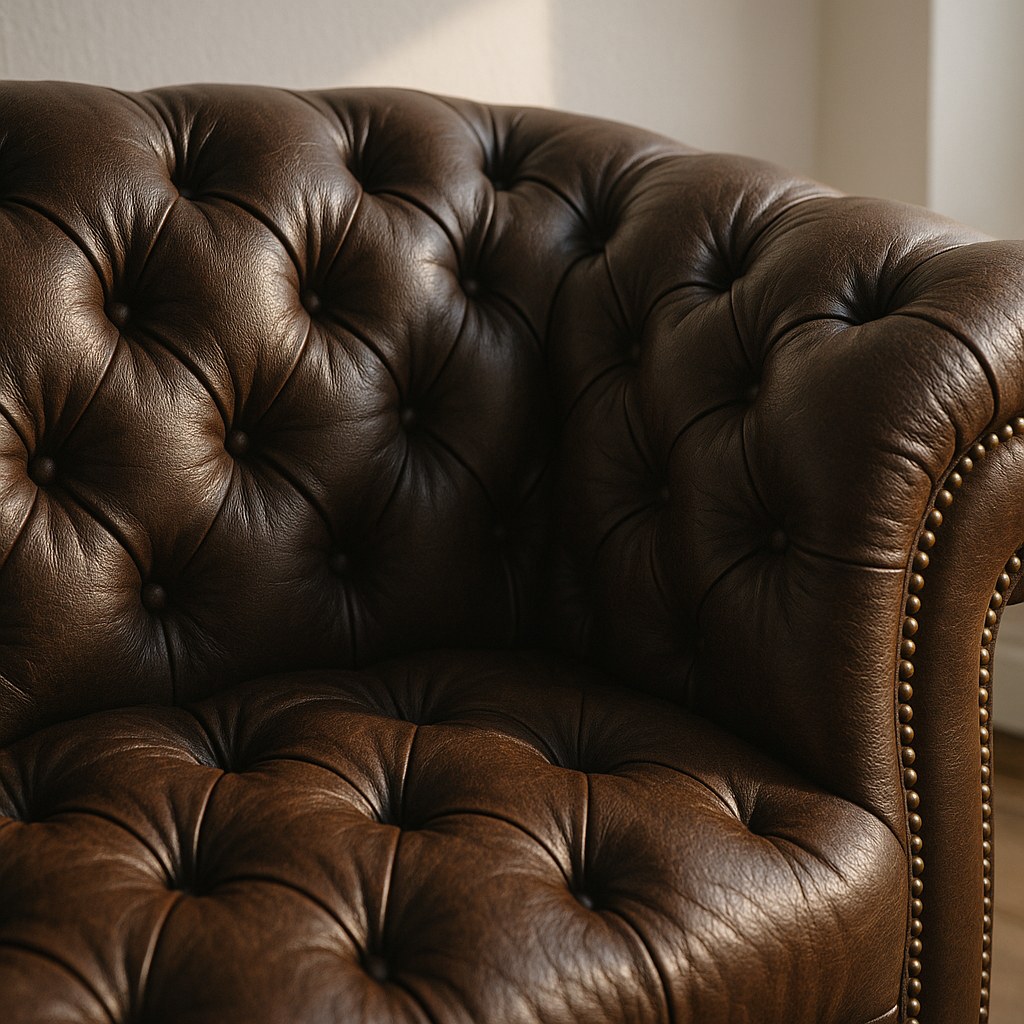 Nærbillede af den dybe knaphæftning på en chesterfield sofa i mørkebrunt læder fra Casa Padrino
