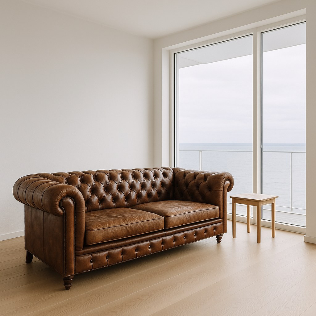 Chesterfield sofa i læder med patina i en lys villa med udsigt over Øresund fra Casa Padrino