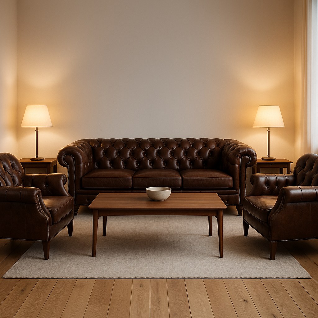 Chesterfield sofagruppe med sofa og to lænestole i læder omkring et sofabord i en dagligstue fra Casa Padrino