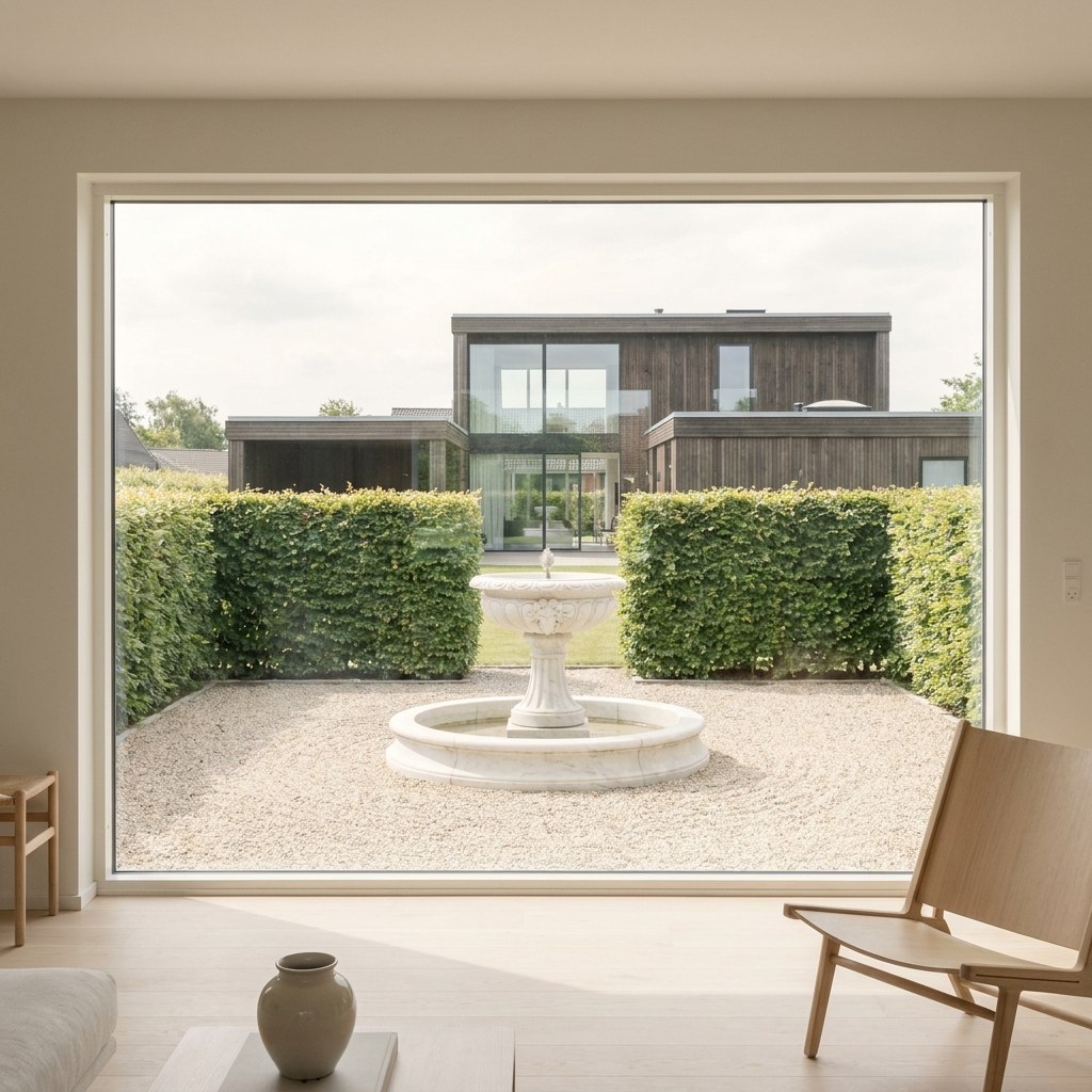 Fontæne til haven i hvid marmor på en grusflade foran en moderne dansk villa fra Casa Padrino