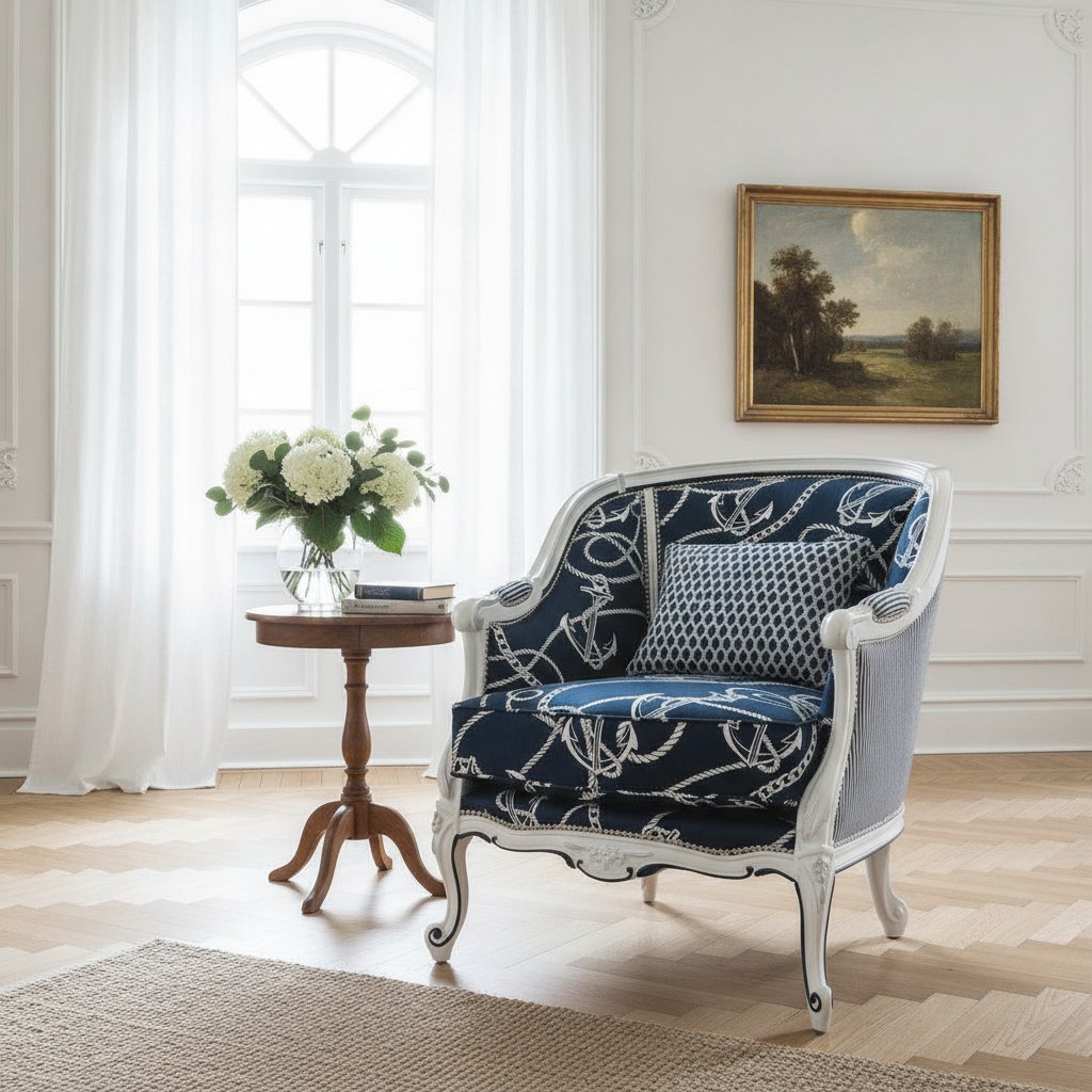 Fransk fauteuil i Louis XV stil med cabriole-ben og fløjlsbetræk ved et højt vindue i en klassisk stue fra Casa Padrino