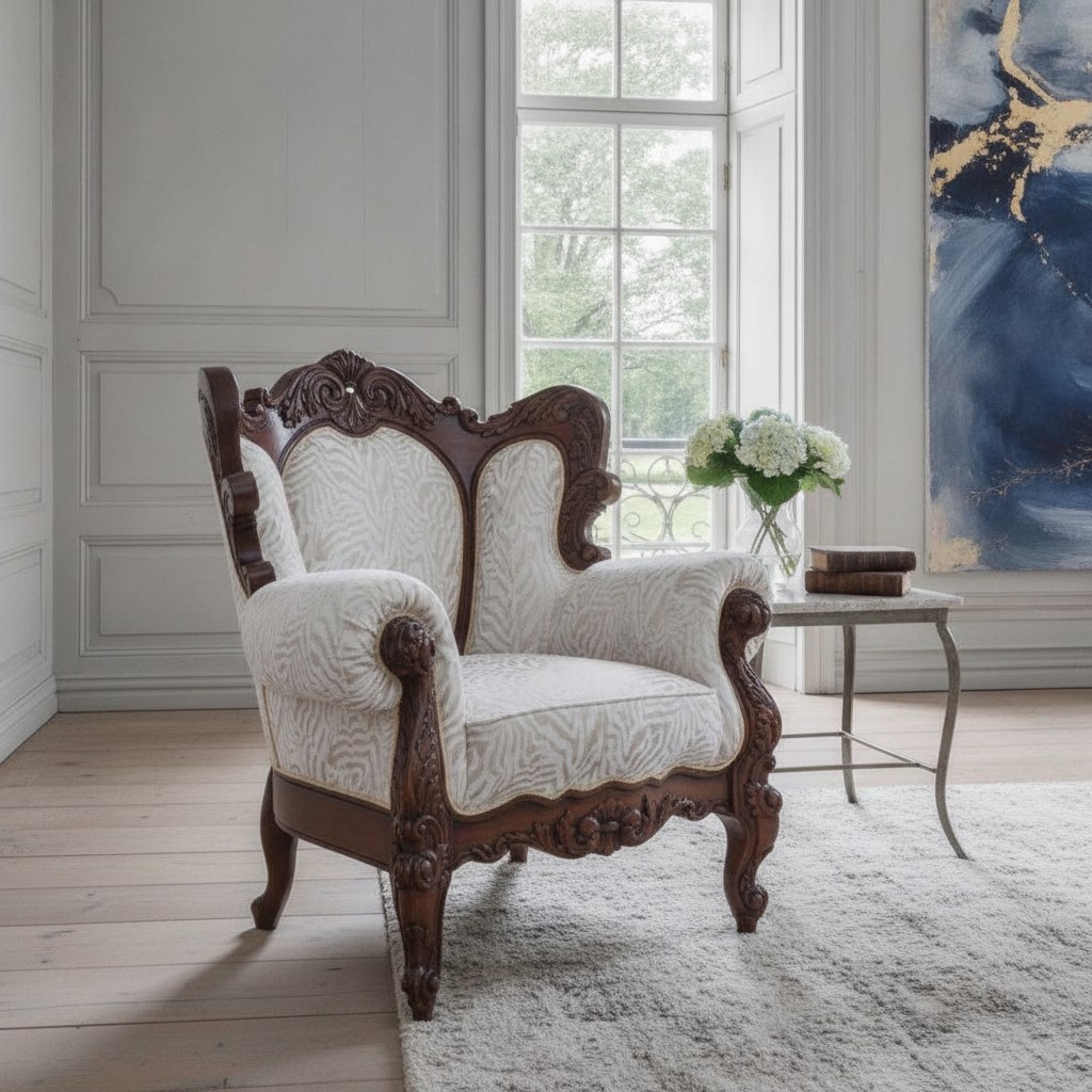Lænestol i Louis XVI stil med ovalt ryglæn i en lys stue på en dansk herregård fra Casa Padrino