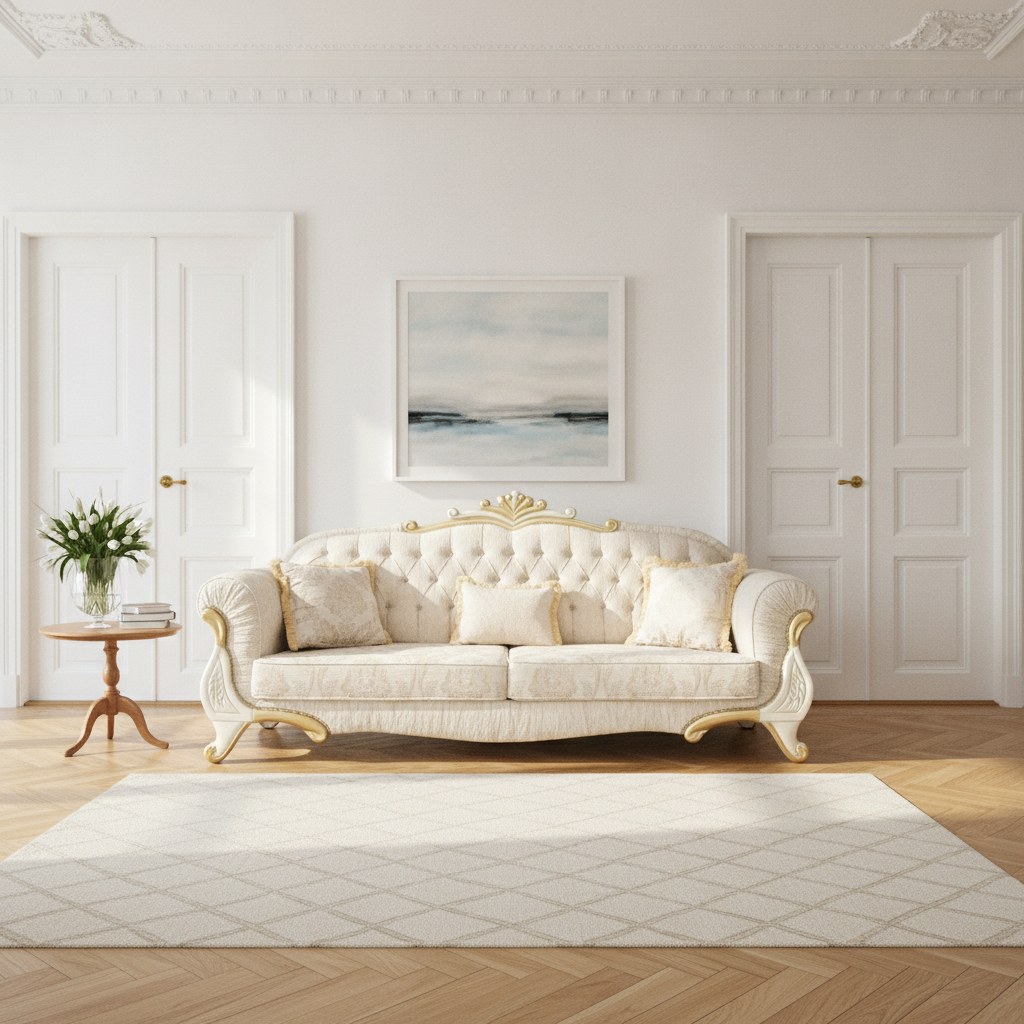 Fransk sofa med udskåret stel i en lys stue med fiskebensparket og høje fløjdøre fra Casa Padrino