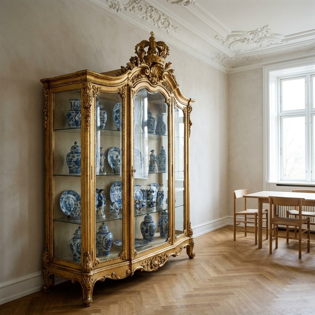 Franske vitrineskabe med forgyldt krone og porcelæn i en dansk spisestue med stuk fra Casa Padrino