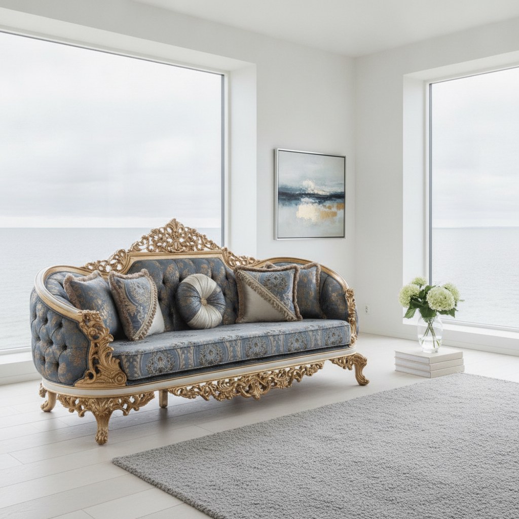 Barok sofa i creme med forgyldt stel i en lys stue i en villa ved Øresund fra Casa Padrino