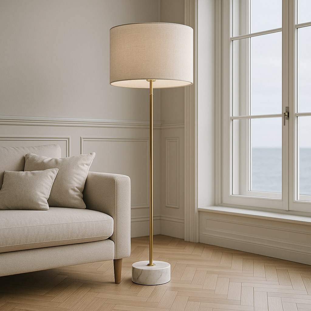 Høj gulvlampe med linnedskærm i hjørnet af en lys stue i en villa ved Øresund fra Casa Padrino