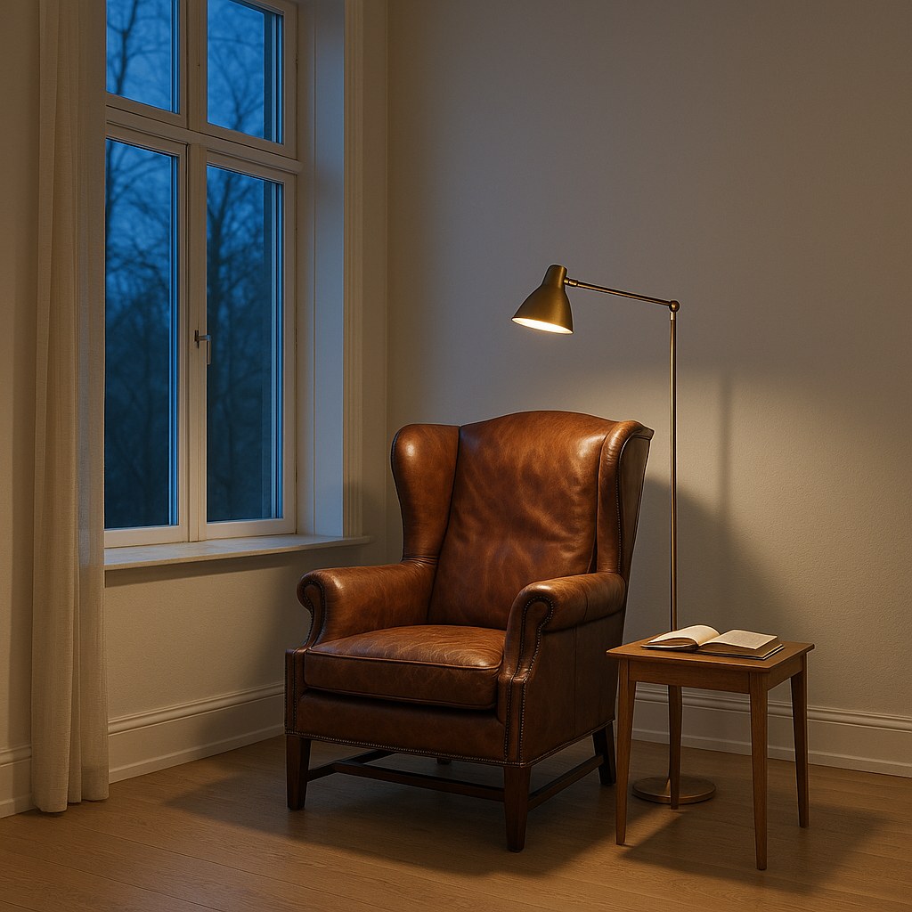 Gulvlampe i messing som læselampe bag en klassisk lænestol ved et vindue fra Casa Padrino