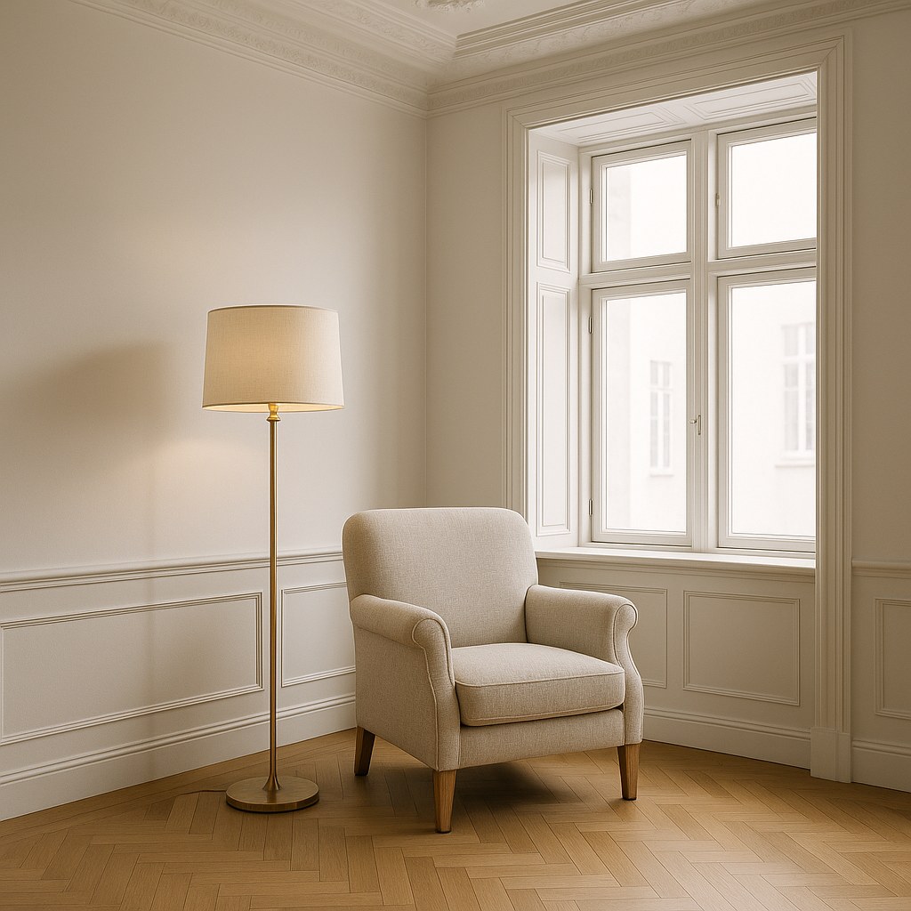 Klassisk gulvlampe med stofskærm ved en lænestol i en herskabslejlighed med stuk fra Casa Padrino