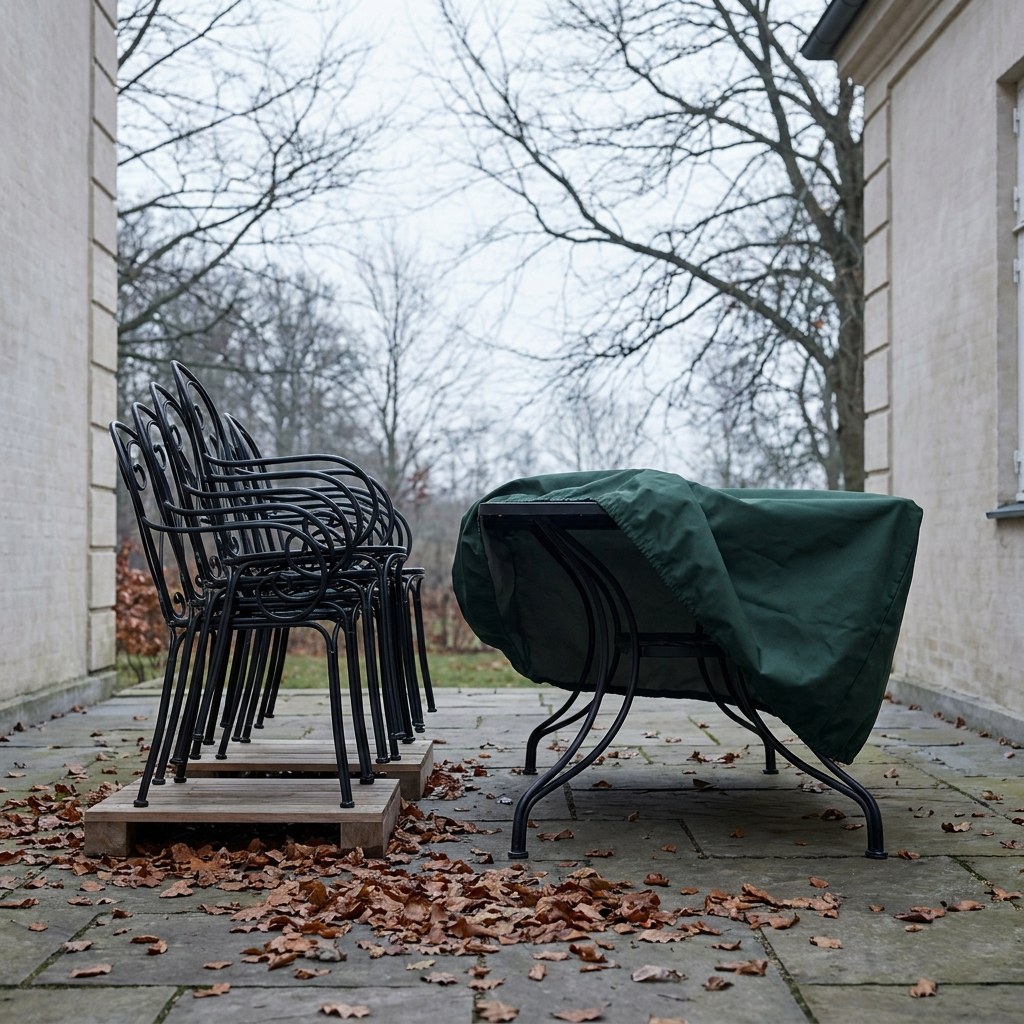 Havemøbler i jern stablet på klodser og dækket til med åndbar overdækning om vinteren fra Casa Padrino