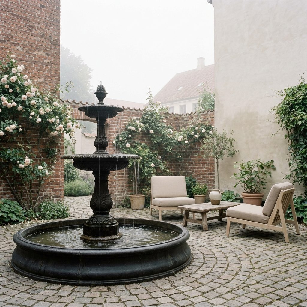 Havespringvand i støbejern med to skåle og rindende vand i en gårdhave fra Casa Padrino