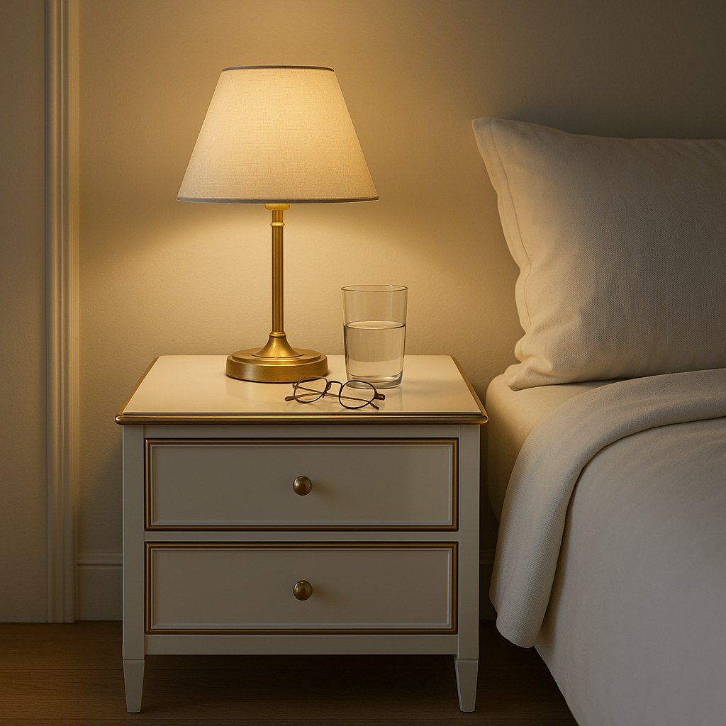 Hvidt natbord med guldkanter og tændt bordlampe i varmt aftenlys i et klassisk dansk soveværelse fra Casa Padrino