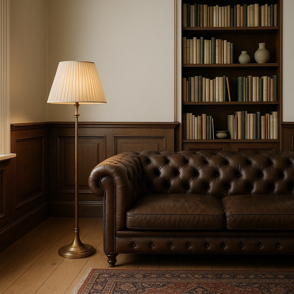 Klassisk gulvlampe i messing ved enden af en chesterfield sofa i en dansk villa fra Casa Padrino
