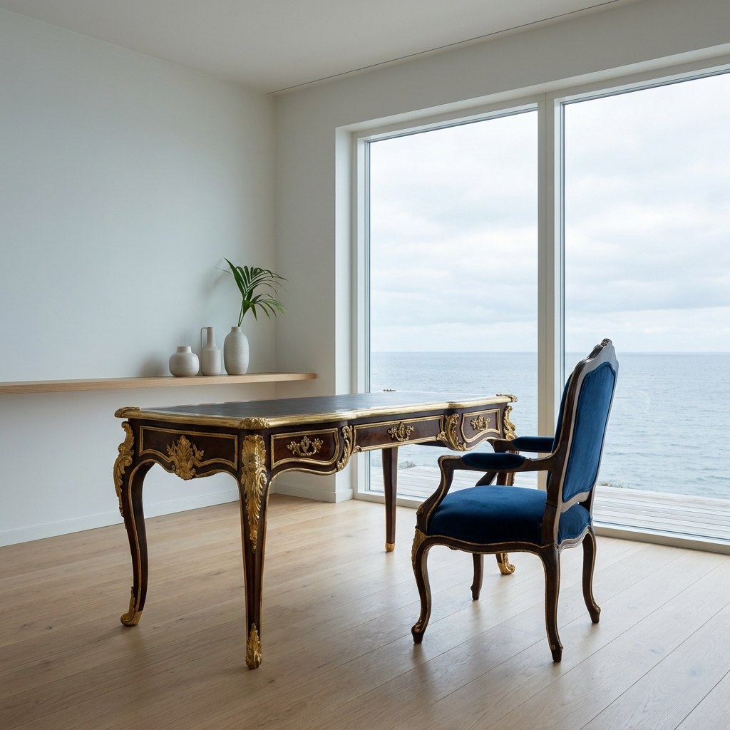Klassisk skrivebord i antik stil med armstol i fløjl i en lys villa ved Øresund fra Casa Padrino