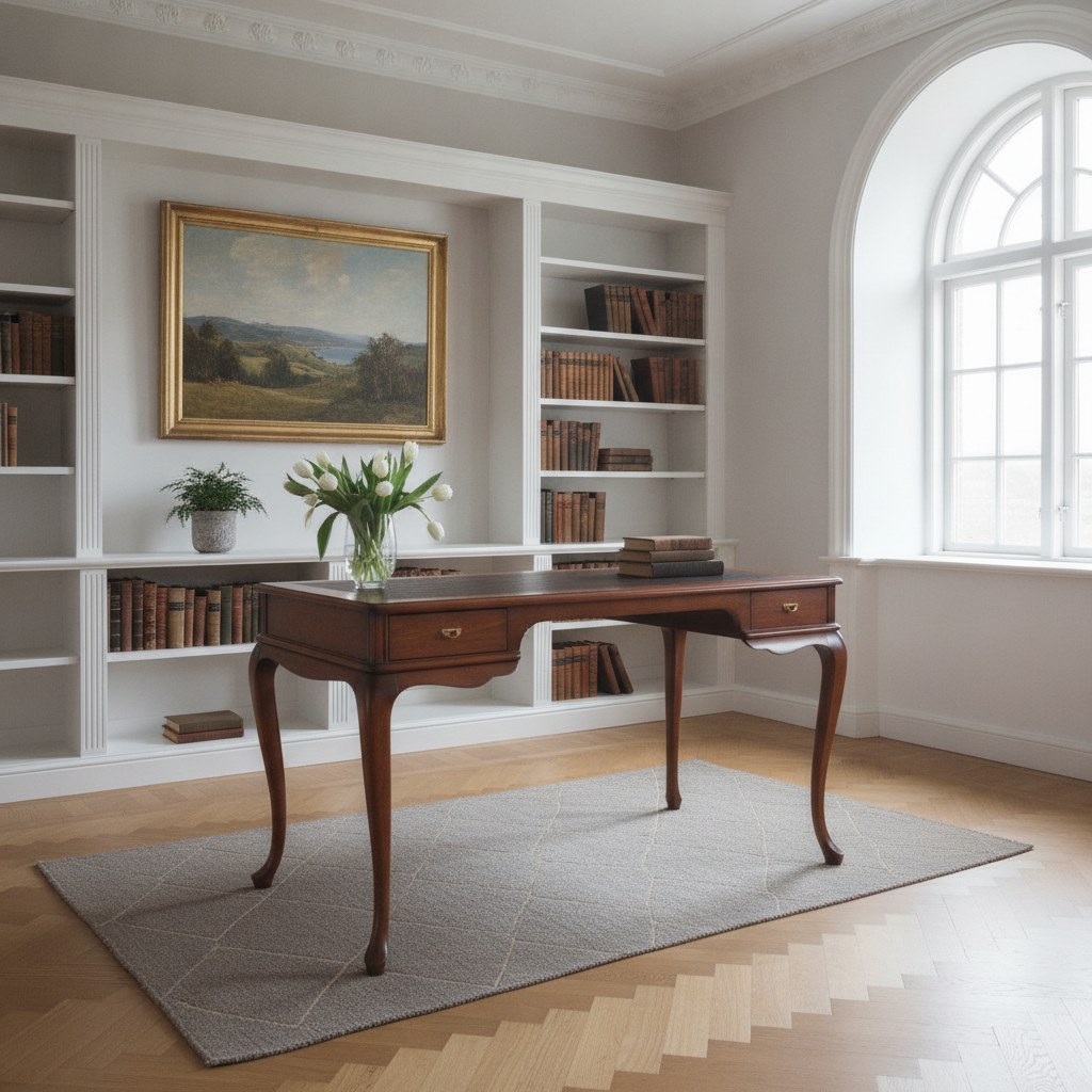 Klassiske møbler med skrivebord i mørkt træ i et bibliotek i en dansk villa fra Casa Padrino