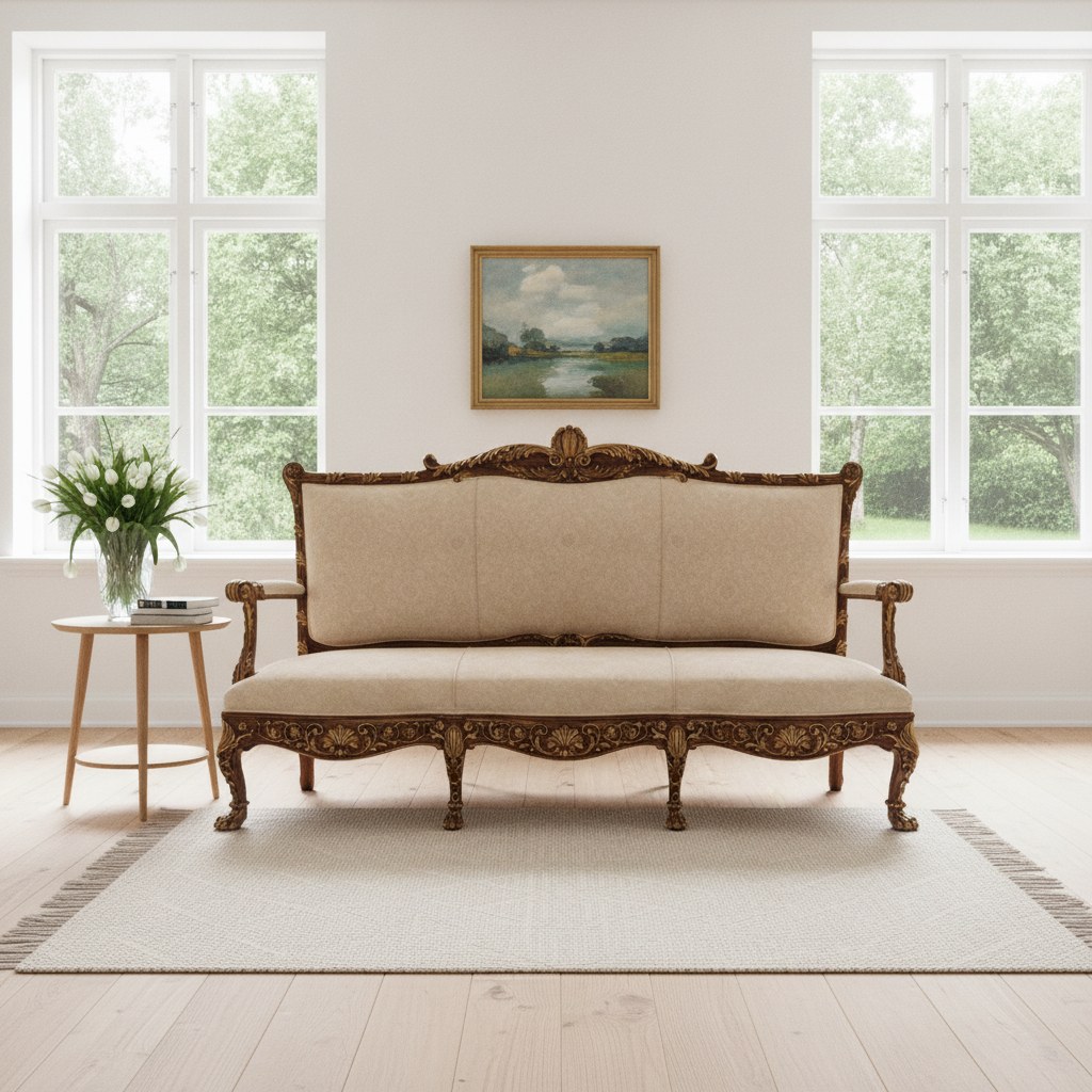 Klassiske møbler med klassisk sofa i fløjl i en lys dansk villa med store vinduer fra Casa Padrino