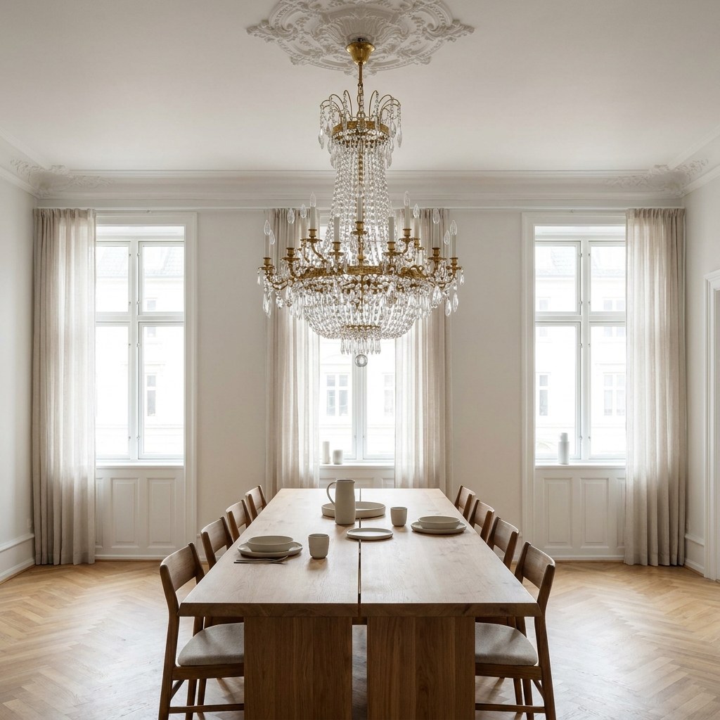 Krystallysekrone med prismer over et spisebord i en herskabslejlighed med stuk fra Casa Padrino