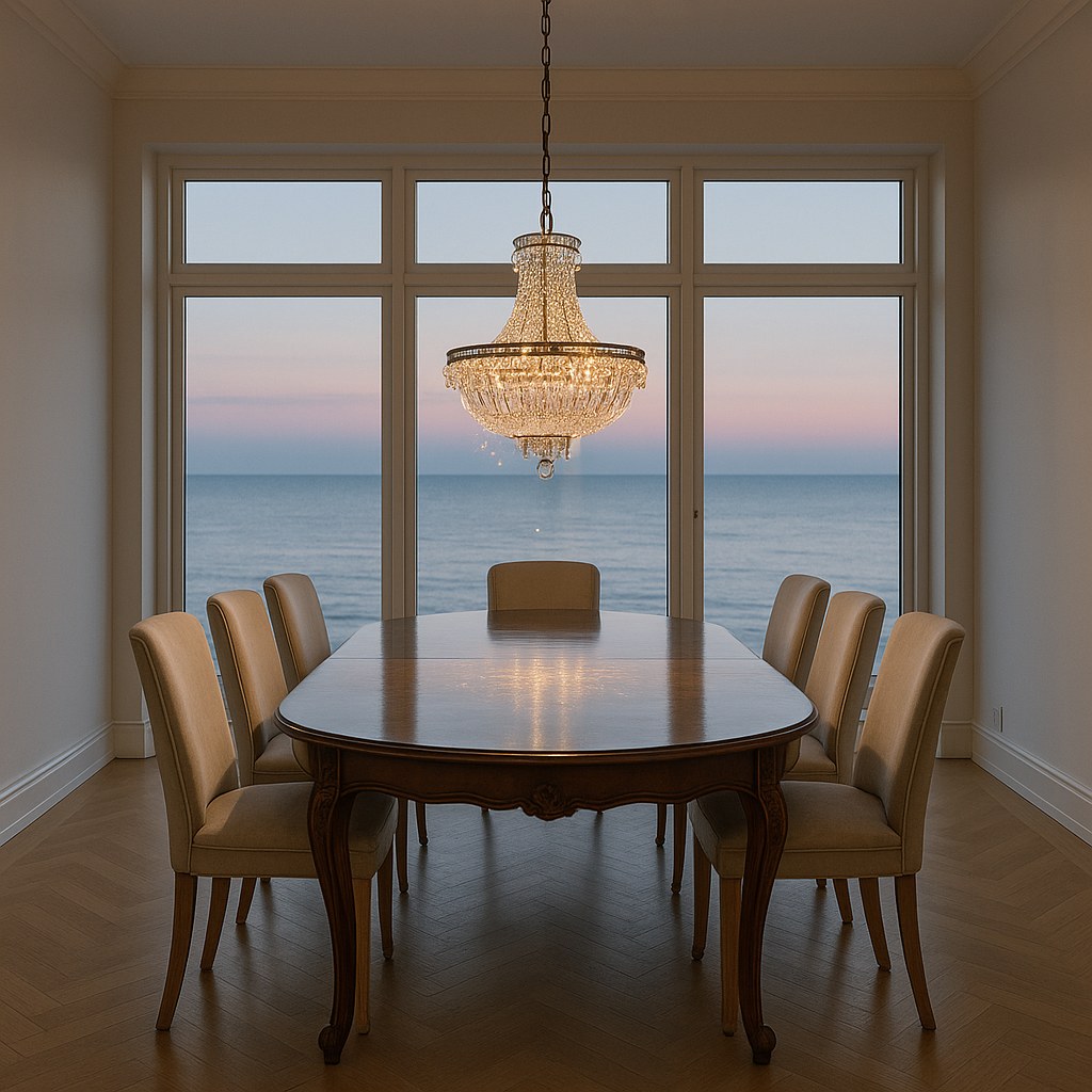 Krystallysekrone over et spisebord med stole i barokstil i en villa ved Øresund fra Casa Padrino