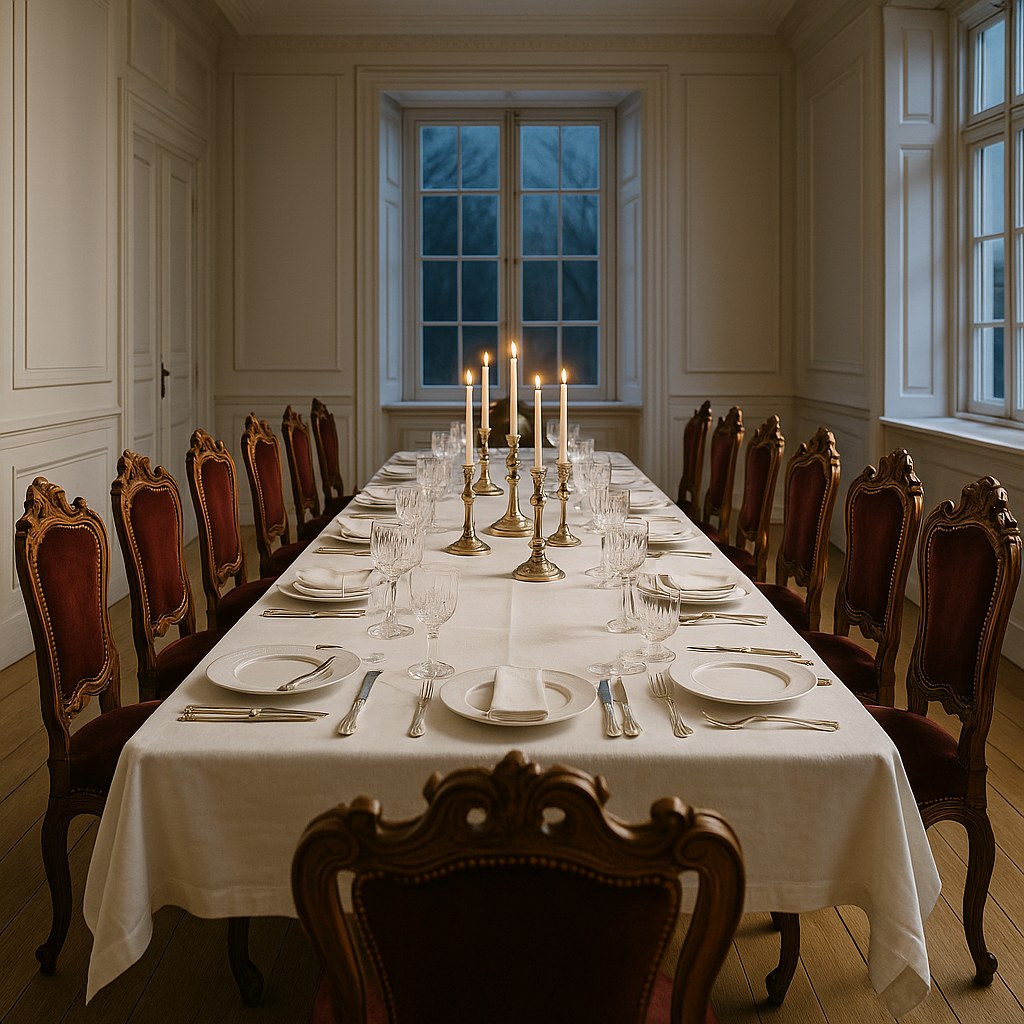 Langt barokspisebord og stole dækket til julefrokost i en spisestue på en dansk herregård fra Casa Padrino