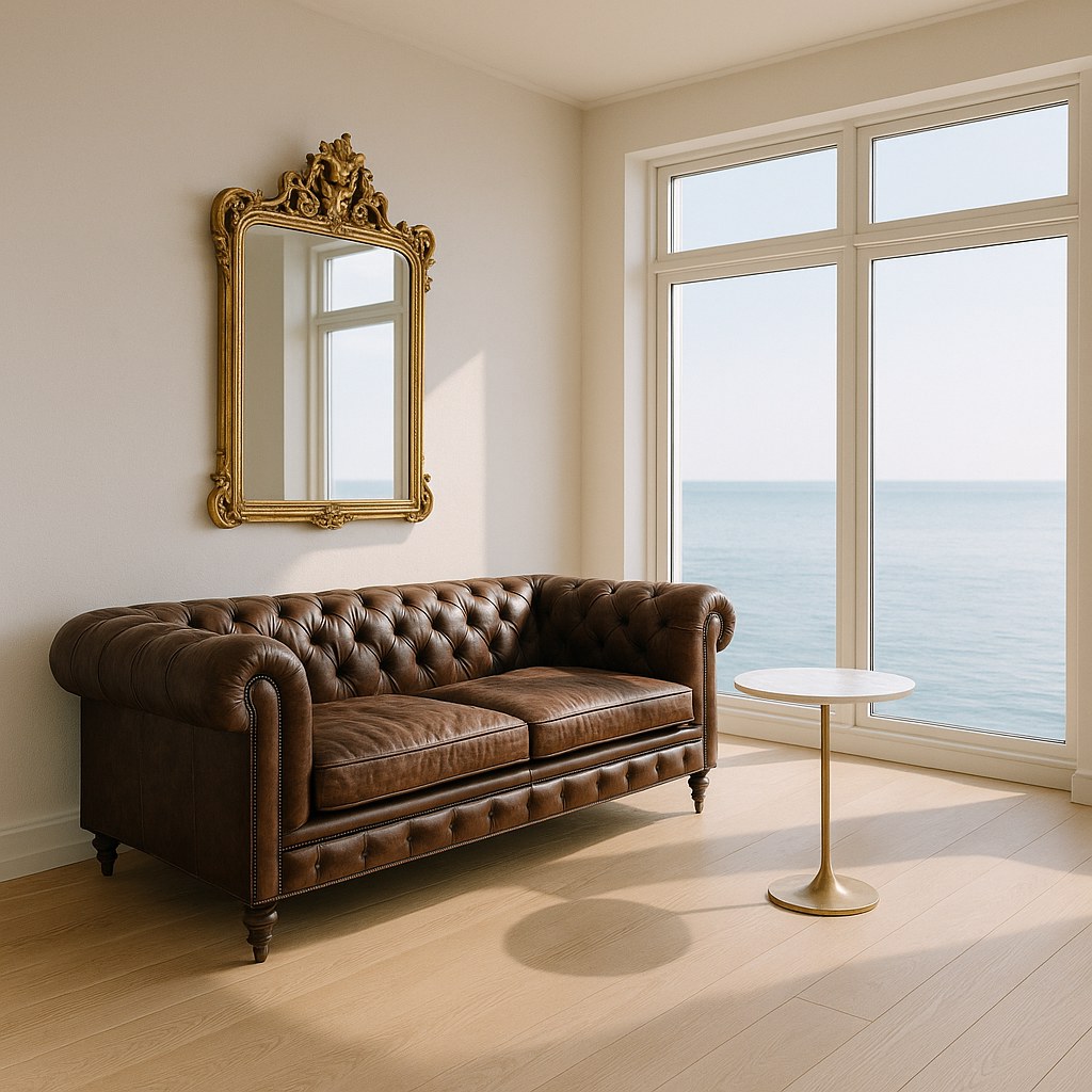 Luksusmøbler med chesterfield sofa og guldspejl i en villa ved Øresund fra Casa Padrino