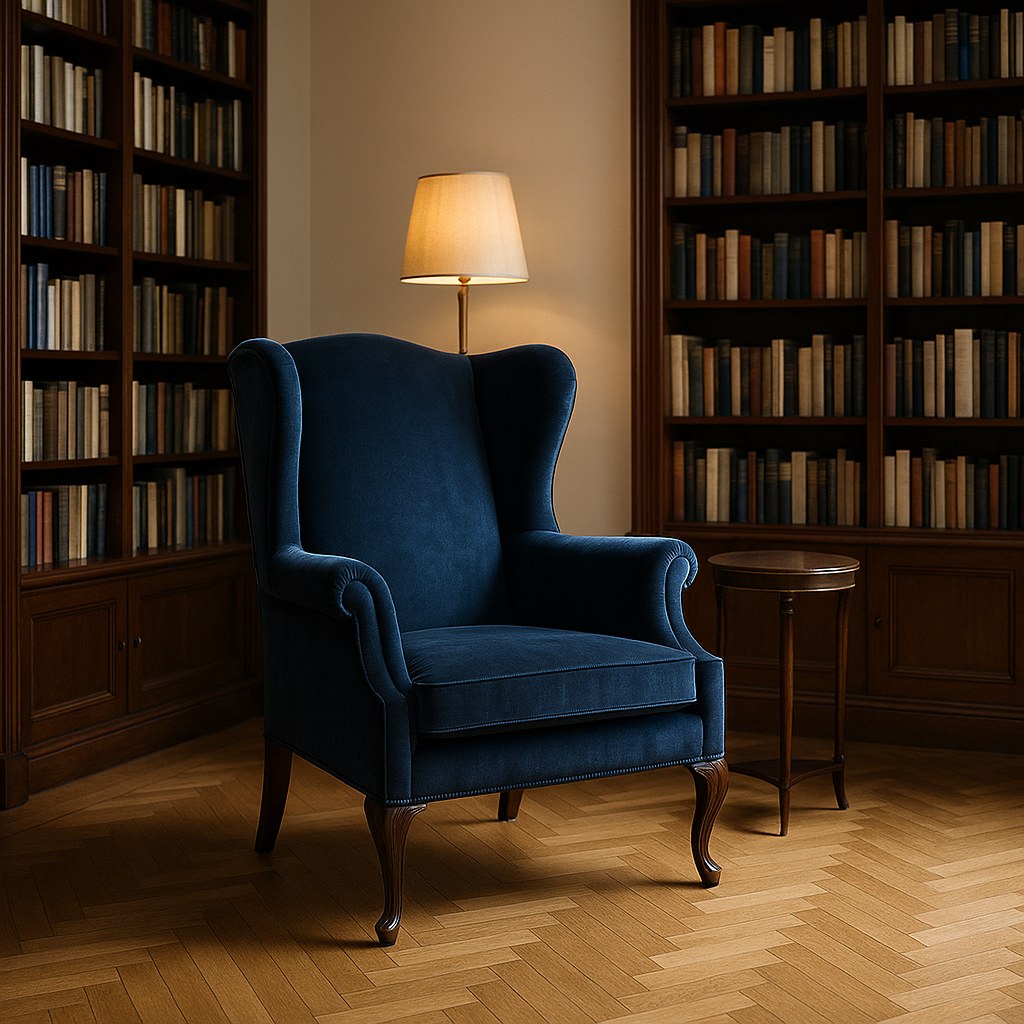 Klassisk ørelænestol i fløjl med læselampe i et bibliotek med reoler og sildebensparket fra Casa Padrino
