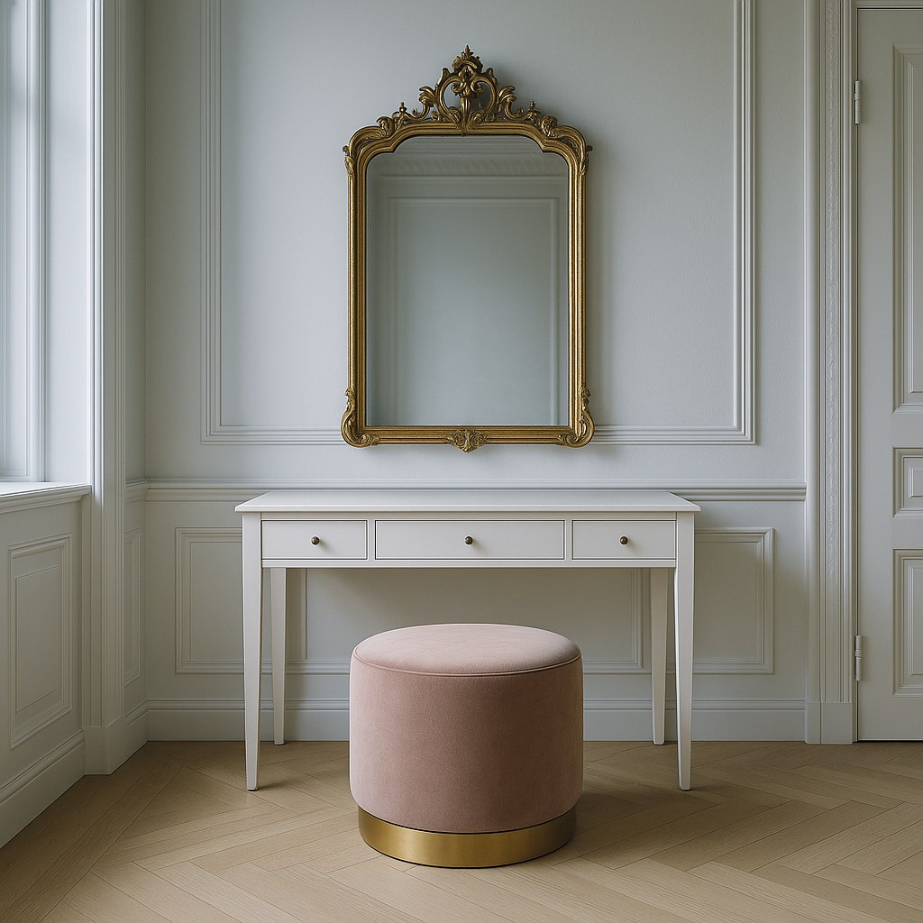Rund puf i fløjl foran et klassisk toiletbord med spejl i et lyst soveværelse fra Casa Padrino