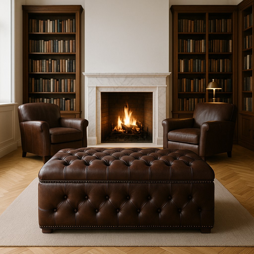 Puf i læder med opbevaring og knapper foran en kamin i et klassisk bibliotek fra Casa Padrino