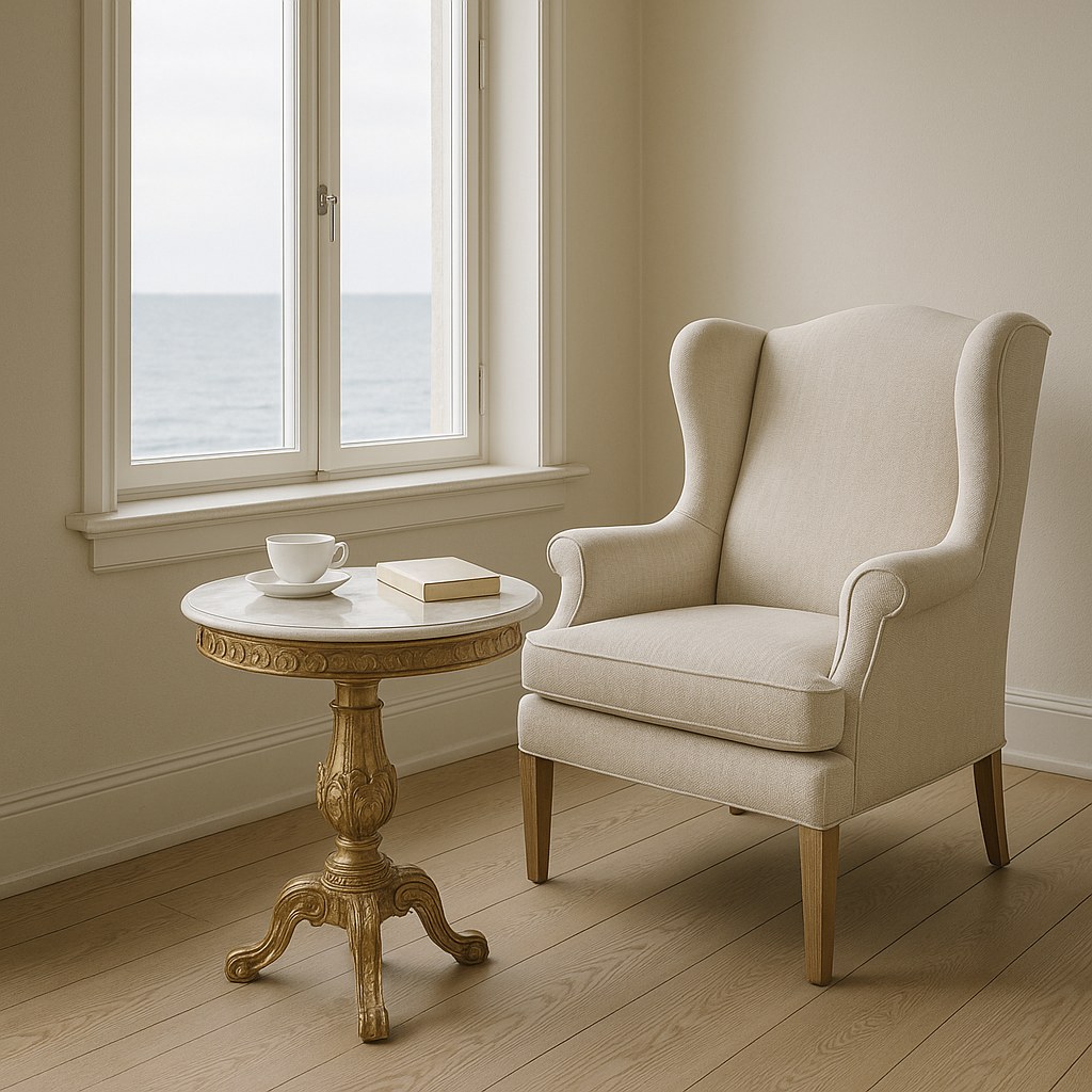 Rundt sidebord med marmorplade ved en klassisk lænestol i en villa ved Øresund fra Casa Padrino