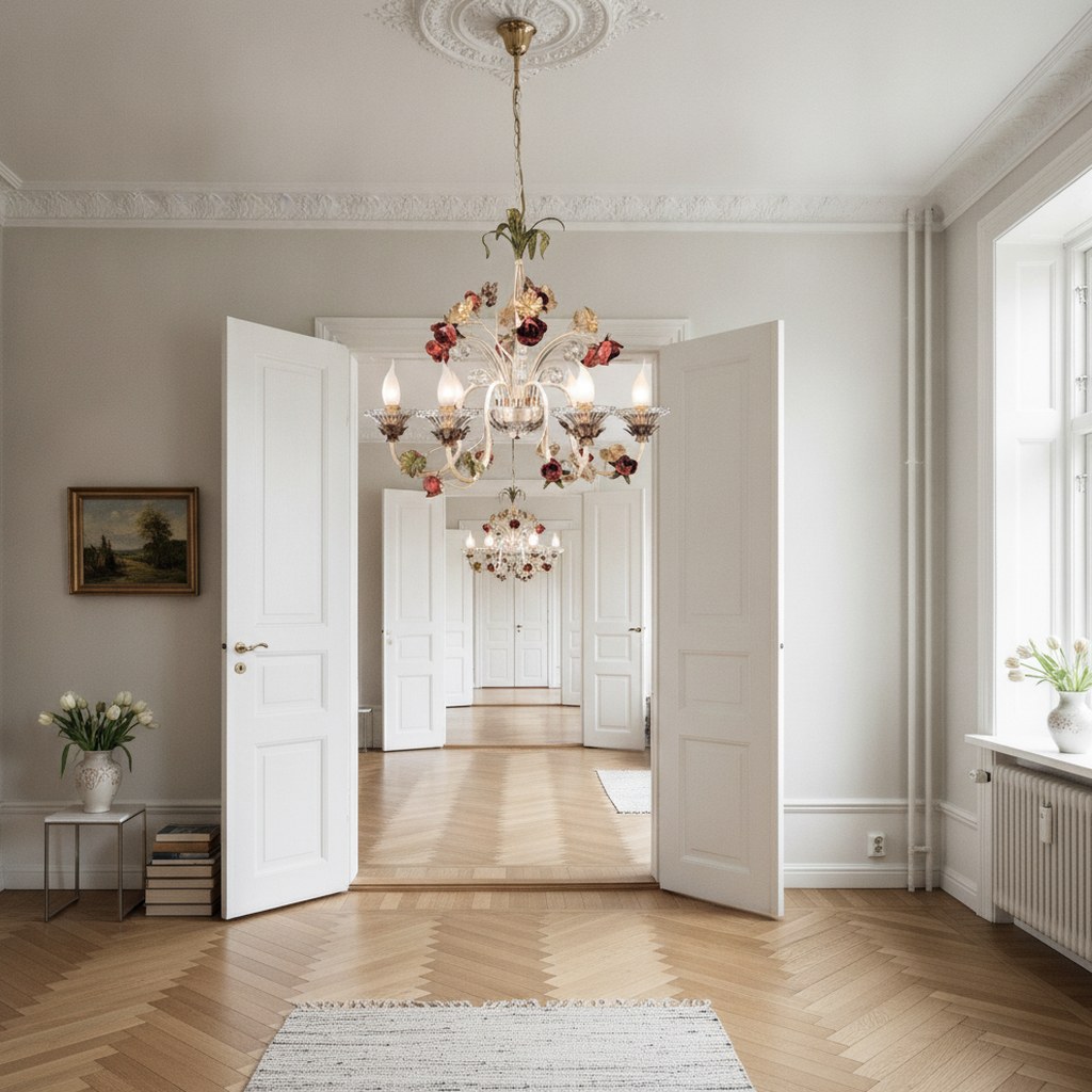 Slotsmøbler med barok lysekrone i guld over en enfilade af stuer i en dansk herskabslejlighed fra Casa Padrino