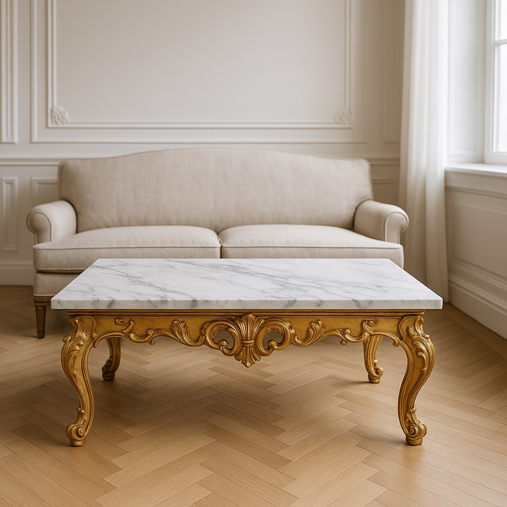 Sofabord med marmorplade og forgyldt understel foran en klassisk sofa i en herskabslejlighed med stuk fra Casa Padrino
