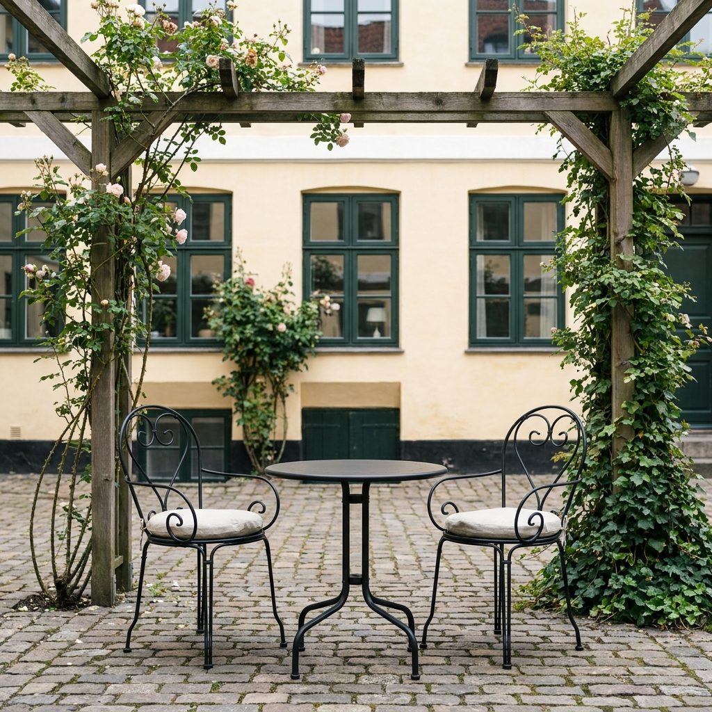 Sort cafesæt udendørs i smedejern med lyse hynder under en pergola fra Casa Padrino