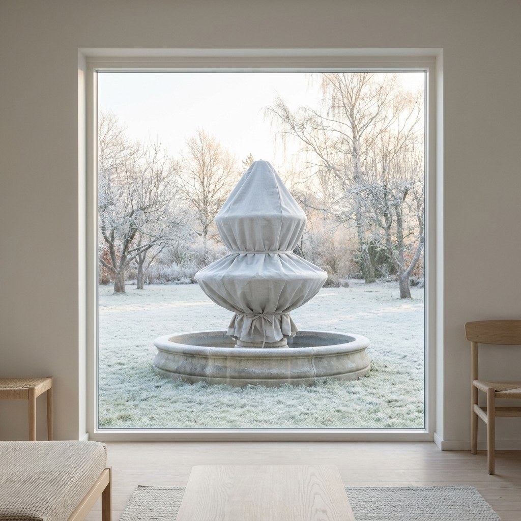 Springvand til haven i støbt sten, tømt og dækket til med åndbar overdækning en frostmorgen fra Casa Padrino