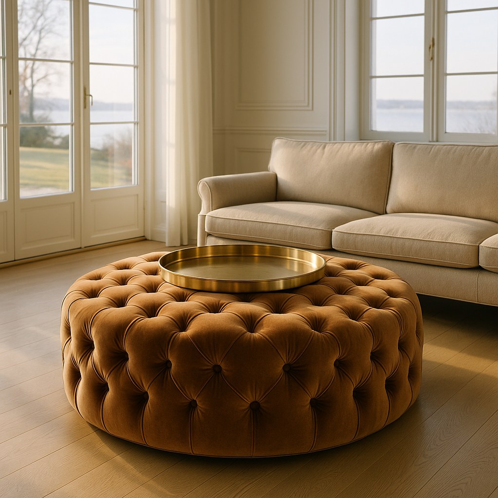 Stor rund puf med bakke som sofabord foran en klassisk sofa i en dansk villa fra Casa Padrino