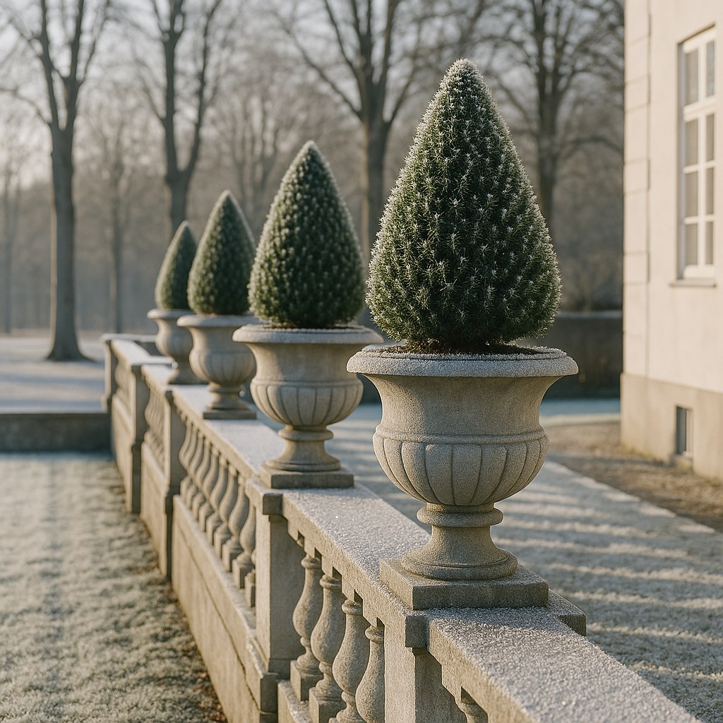 Store frostsikre krukker med stedsegrønne planter på en terrasse i en dansk herregårdspark en klar vinterdag fra Casa Padrino