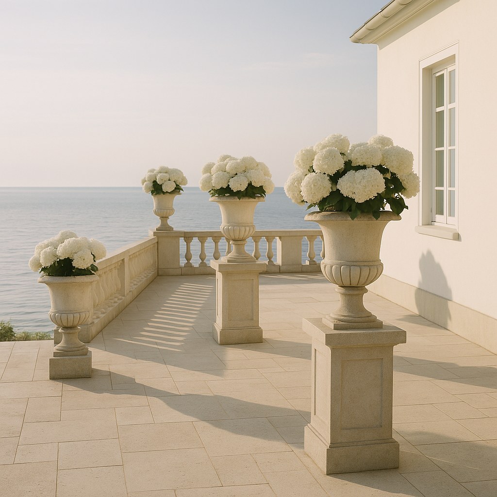 Store krukker med hvide hortensia på en stenterrasse ved en villa ved Øresund en sommeraften fra Casa Padrino