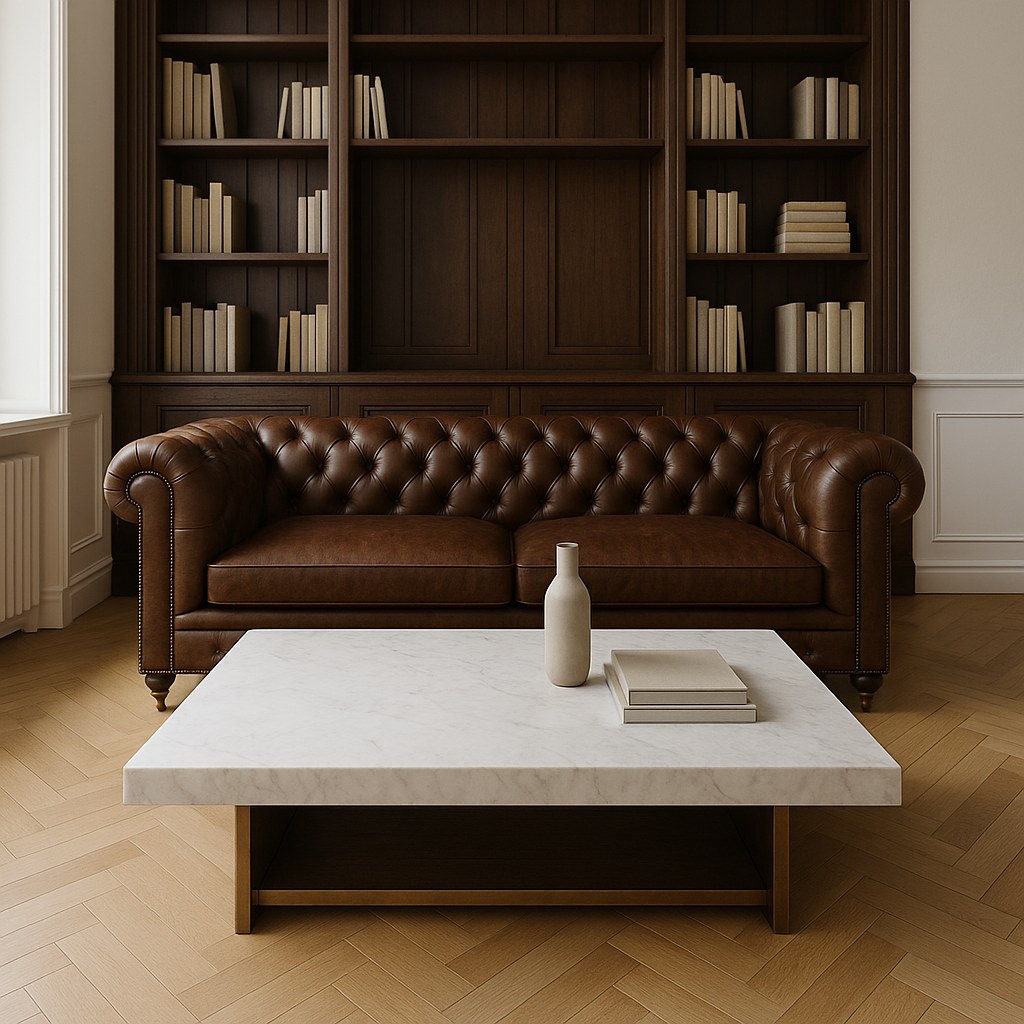 Stort rektangulært sofabord i marmor foran en chesterfield sofa i en klassisk dansk dagligstue fra Casa Padrino