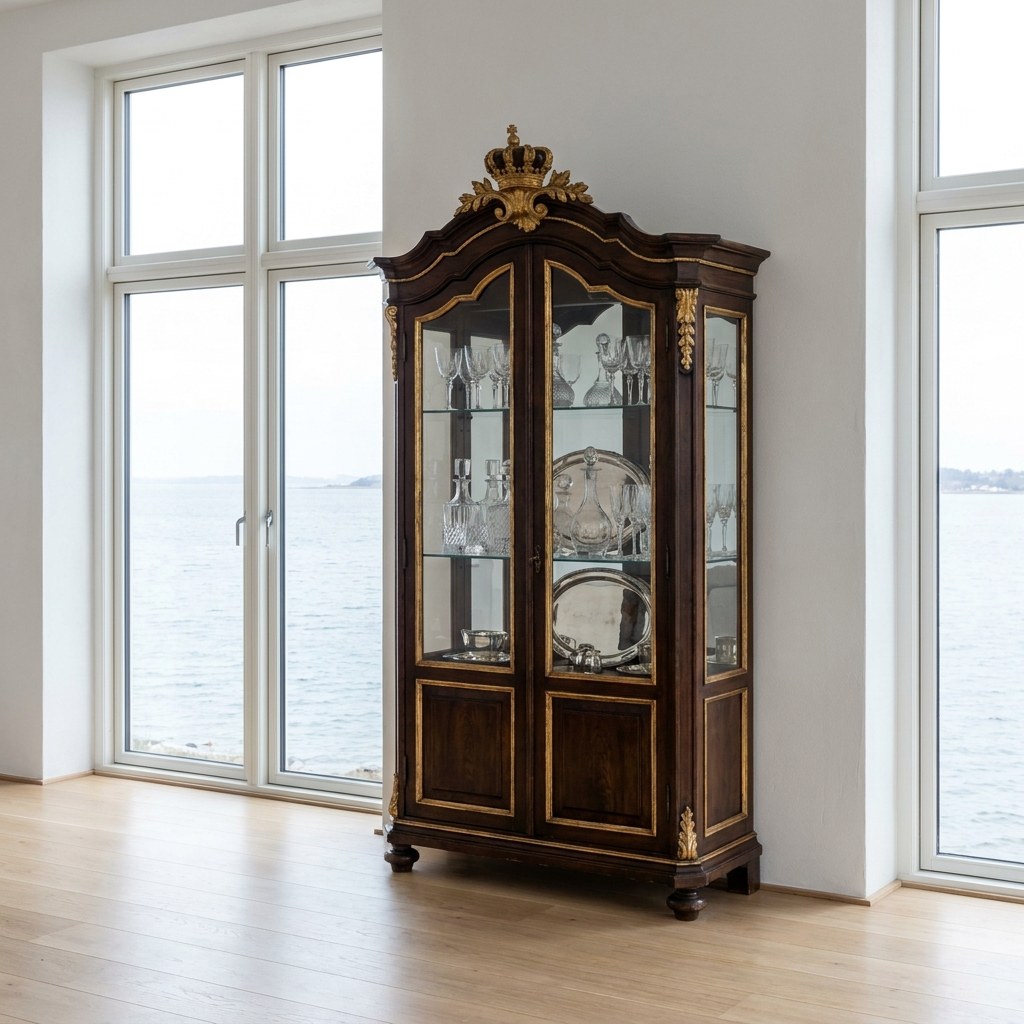 Vitrineskab i mørkt træ og guld mod en lys væg i en villa ved Øresund fra Casa Padrino