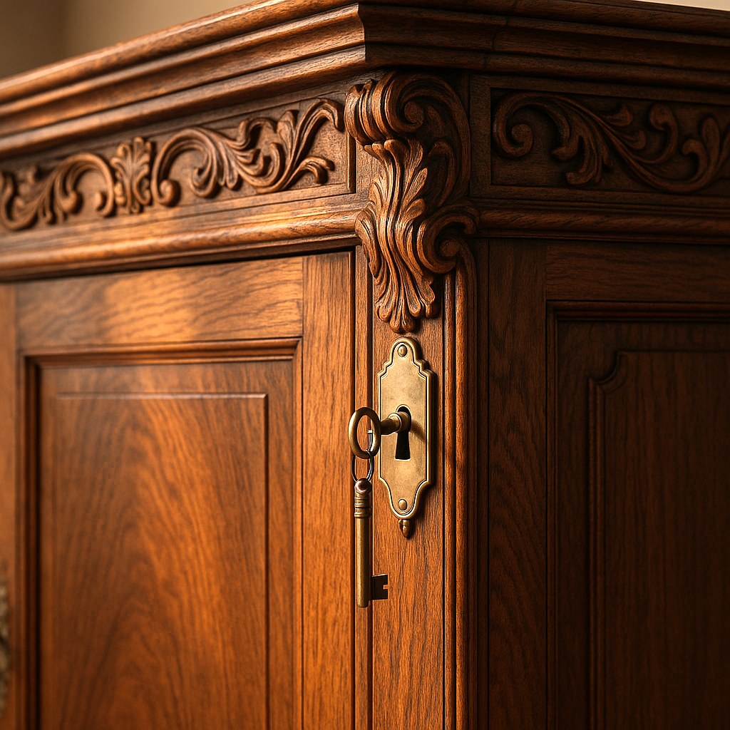 Armoires detail of a carved cornice and brass lock on a wooden wardrobe by Casa Padrino