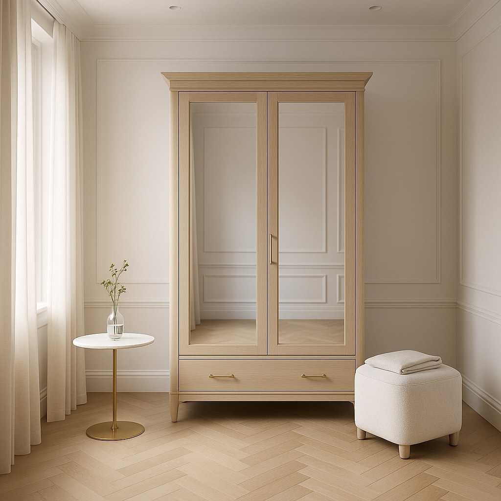 Armoires wardrobe with mirrored doors in a bright dressing room by Casa Padrino