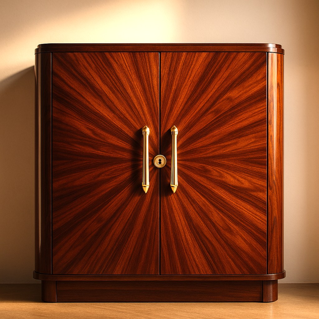 Art deco furniture bar cabinet detail with lacquer and metal trim by Casa Padrino
