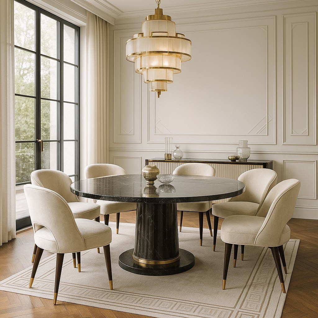 Art deco furniture dining room with fluted panelling and round table by Casa Padrino