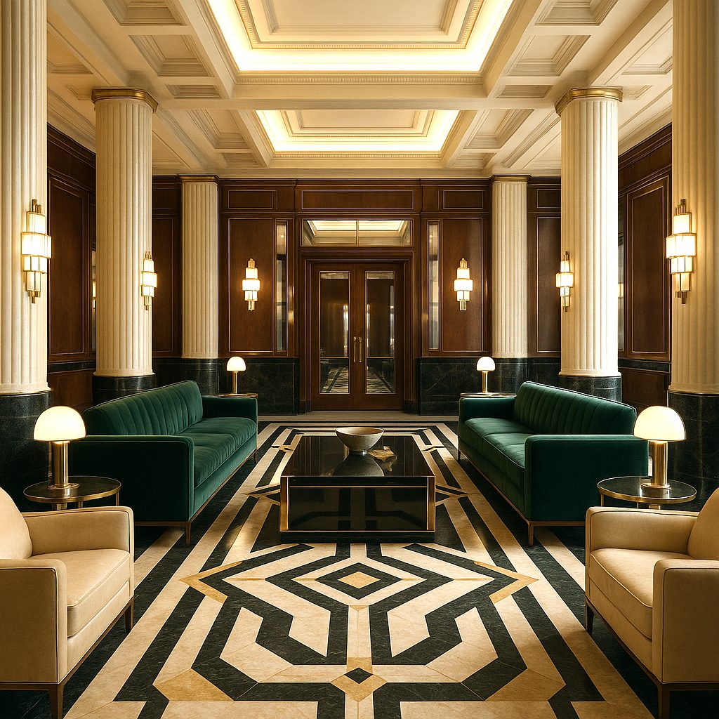 Art deco furniture hotel lobby in nineteen twenties style with stepped forms by Casa Padrino