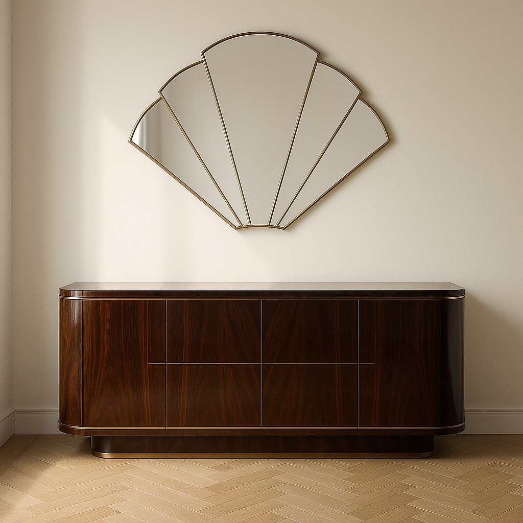 Art deco furniture sideboard with brass inlay and dark veneer by Casa Padrino