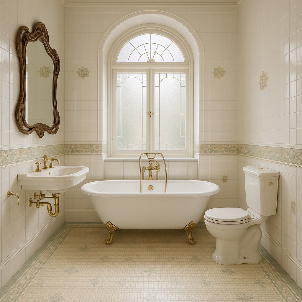 Art nouveau furniture bathroom with a freestanding bathtub, brass taps and a carved wall mirror by Casa Padrino