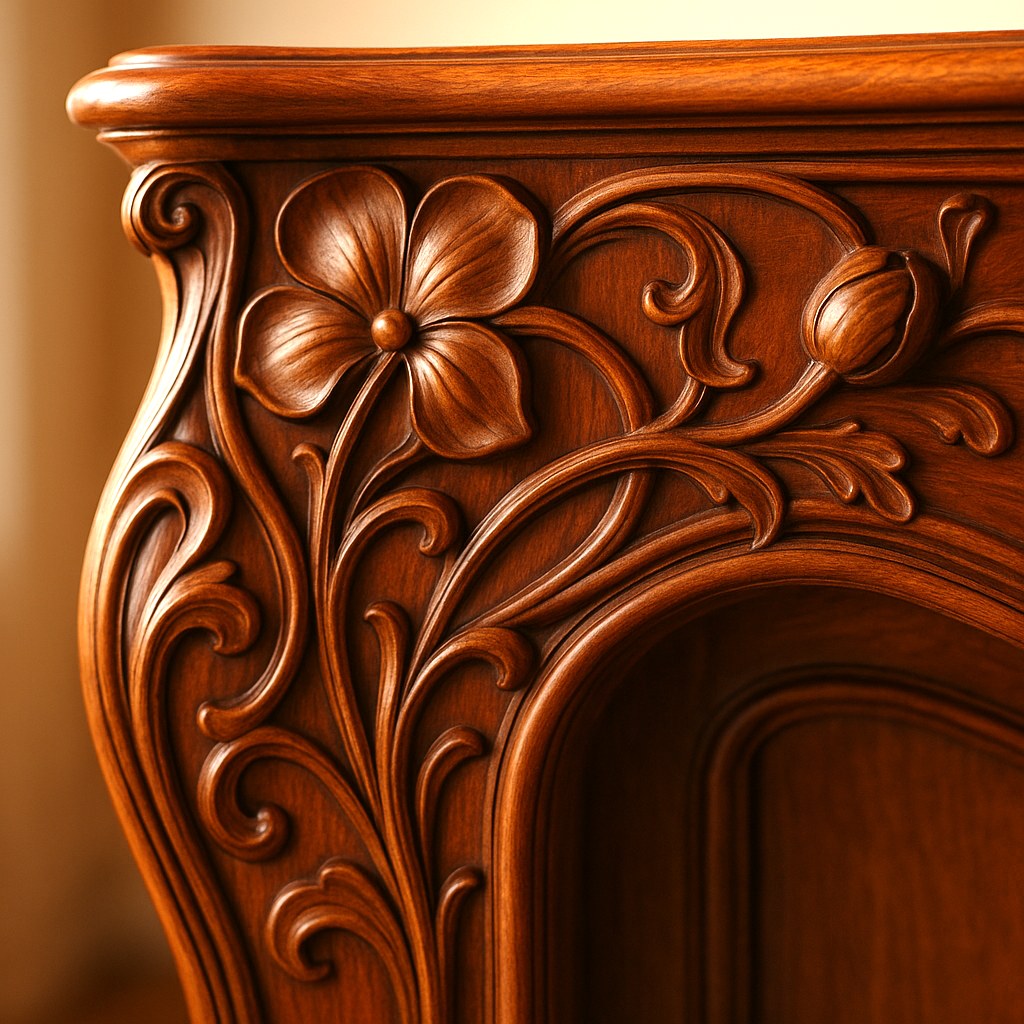 Art nouveau furniture close up of a carved flower and tendrils on a cabinet by Casa Padrino