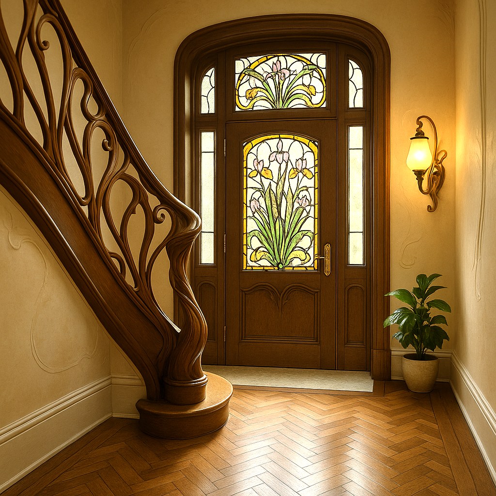Art nouveau furniture entrance hall with a curved banister and a leaded glass front door by Casa Padrino